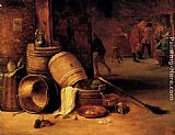 Interior Wall Art - An interior scene with pots, barrels, baskets, onions and cabbages with boors carousing in the background